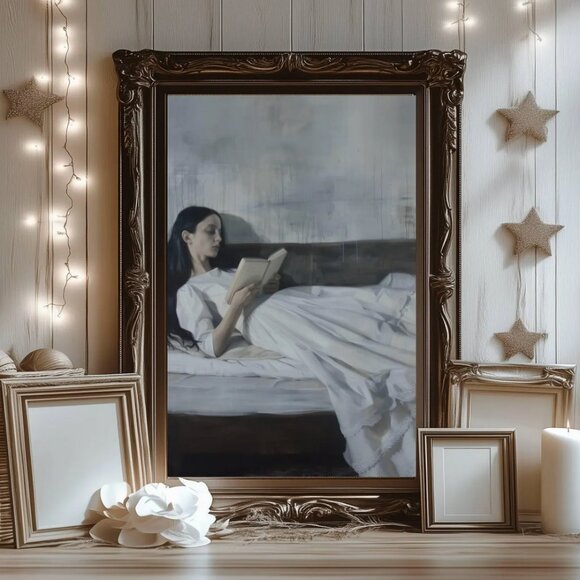 Original Dark Literary Art Print + Digital Copy,  Dreamy  Woman Reading - Picture 4 of 11